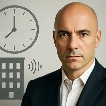 Primo piano di Vittorio Sorge con orologio e condominio sullo sfondo per spiegare gli orari di silenzio in condominio e come difendersi dai rumori dei vicini