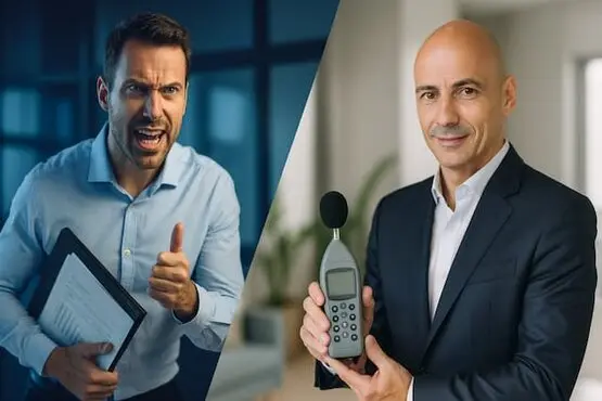 Confronto tra venditore commerciale e tecnico acustico che misura il rumore di fondo durante un sopralluogo analitico in casa
