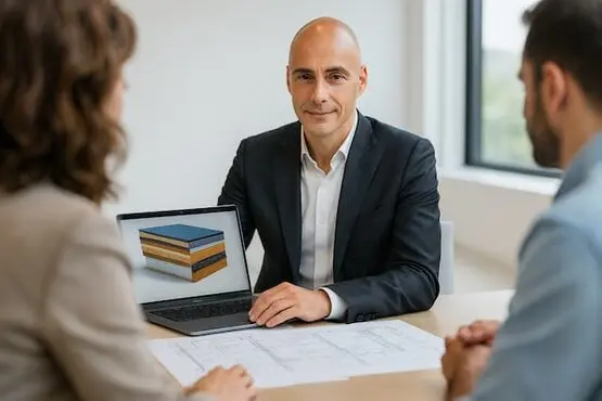 Vittorio Sorge in ufficio mentre mostra a due clienti un progetto di isolamento acustico e il risultato del sopralluogo analitico