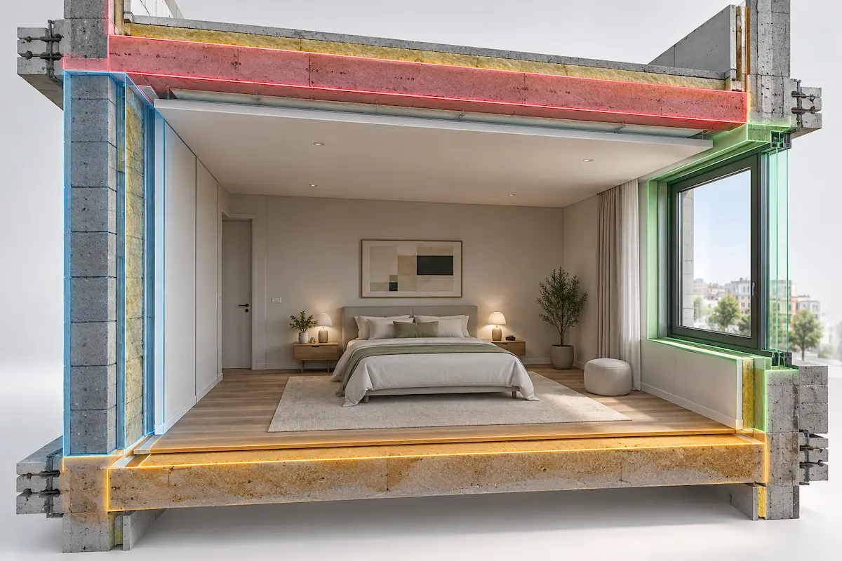 Render tecnico 3D con parete laterale, solaio superiore, pavimento, finestra e stanza completa evidenziati senza percentuali o etichette false