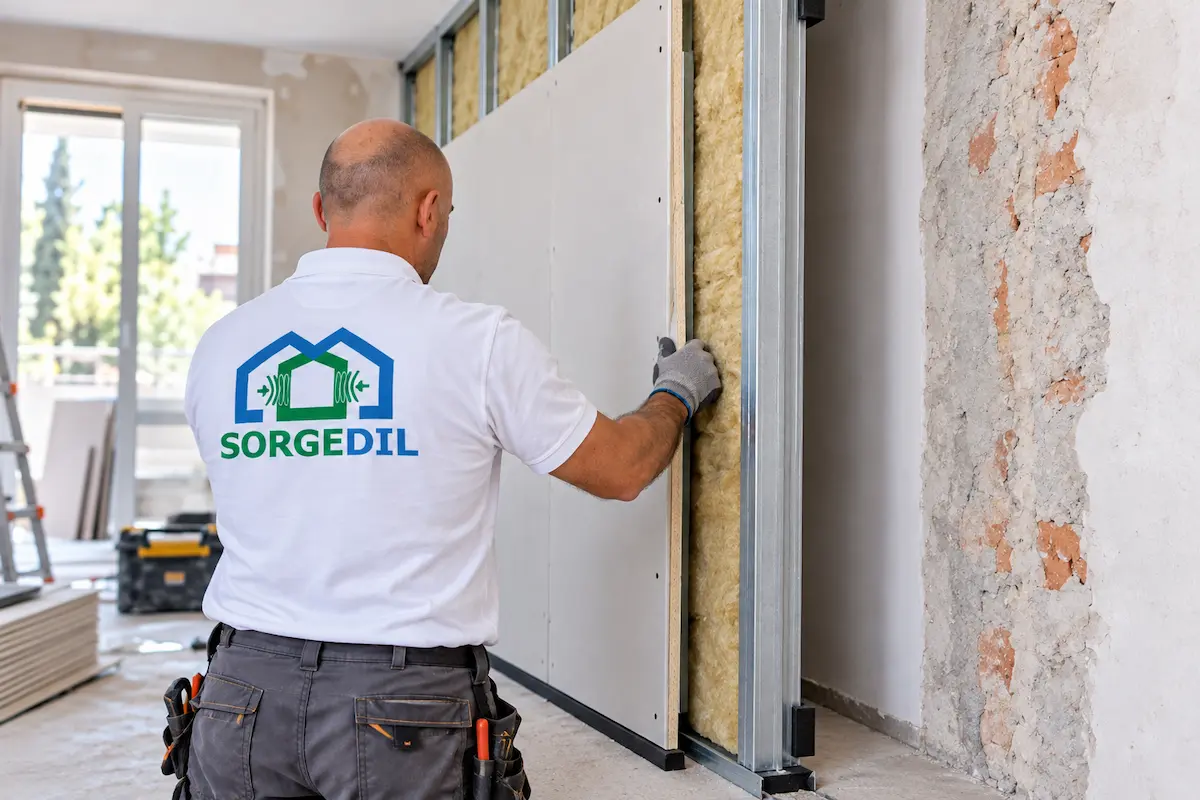 Tecnico Sorgedil di spalle con logo SOLO se immagine e identità autorizzate; parete in lavorazione realmente scollegata dal muro esistente