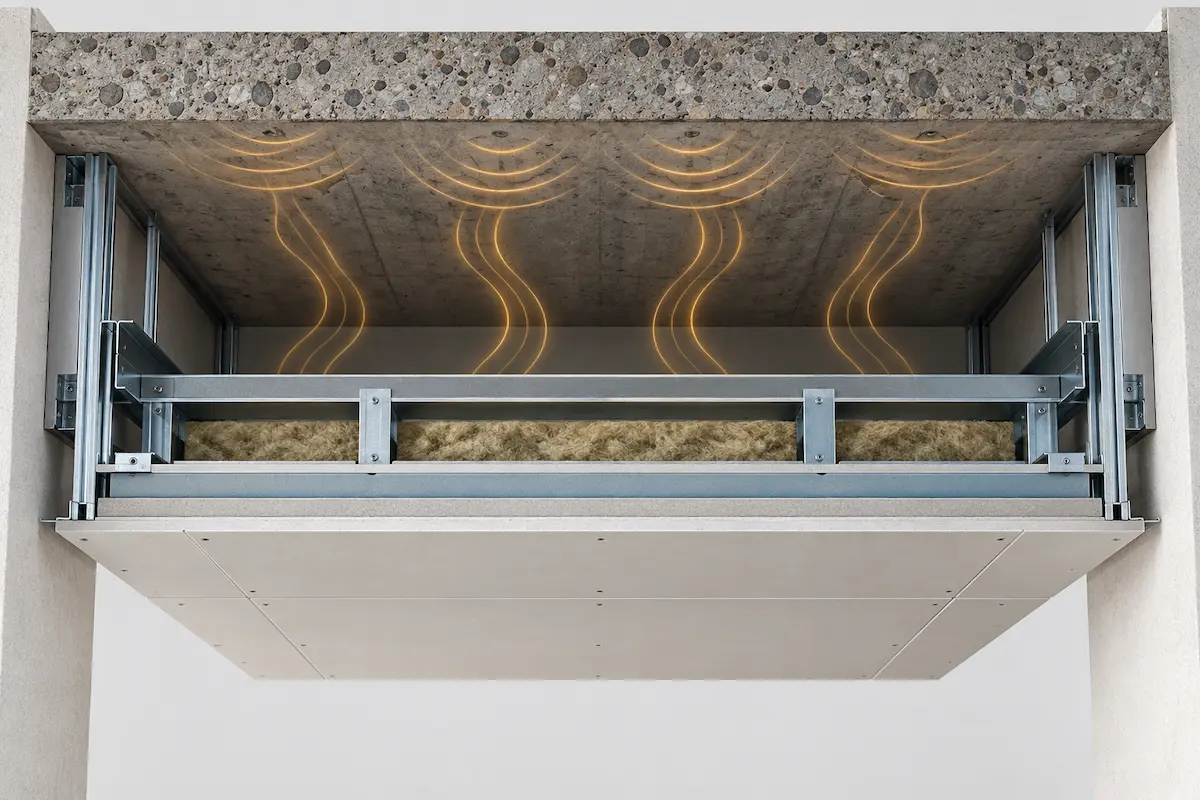 Sezione 3D di soffitto autoportante separato dal solaio superiore