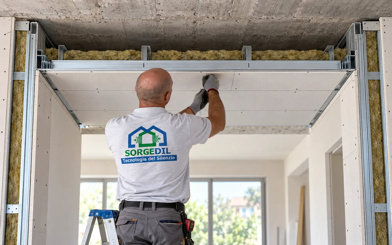 Illustrazione cantiere illustrativo realistico: soffitto autoportante senza pendini al solaio originario