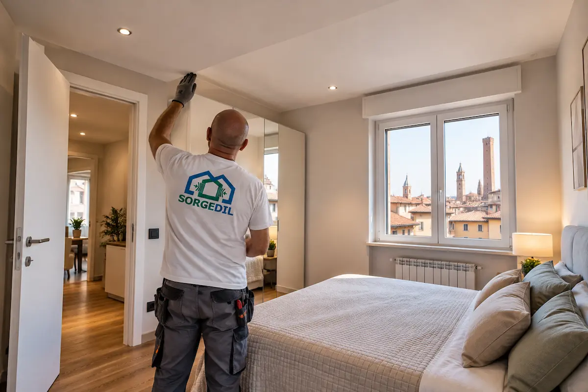 Camera da letto residenziale con superfici di intervento visivamente riconoscibili