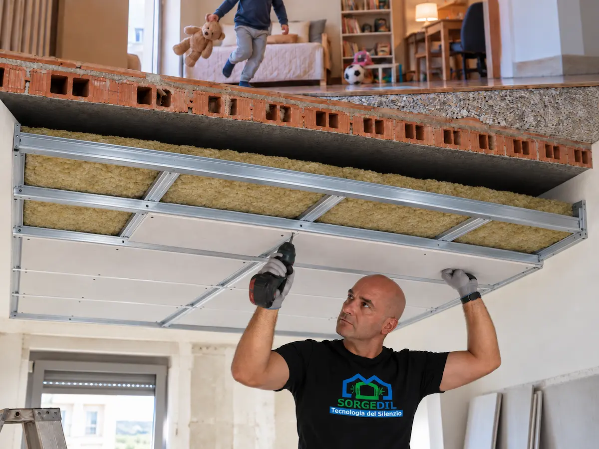 Intervento Sorgedil di isolamento acustico del soffitto in un'abitazione