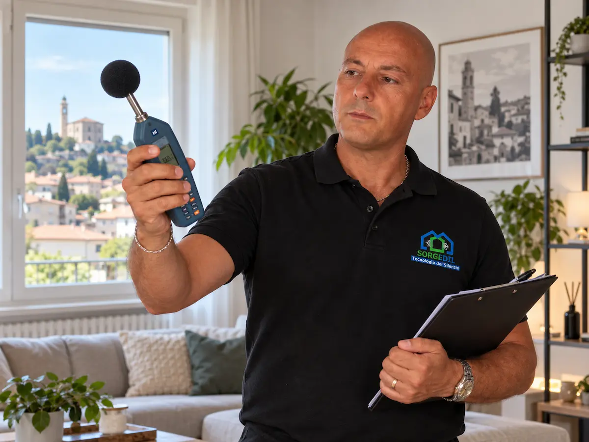 Tecnico Sorgedil durante la valutazione di un problema di isolamento acustico in una casa a Cantù