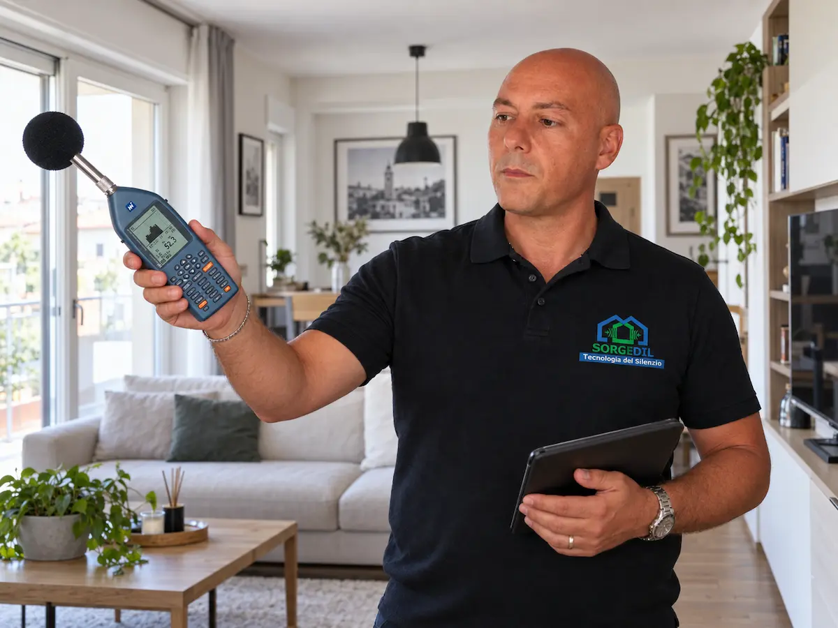 Tecnico Sorgedil durante la valutazione di un problema di isolamento acustico in una casa a Cesano Maderno