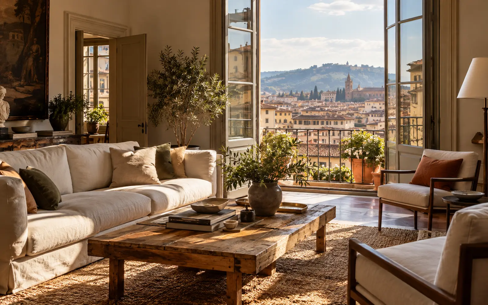 Illustrazione fotografia credibile dall’interno di appartamento fiorentino, soggiorno luminoso, vista ur
