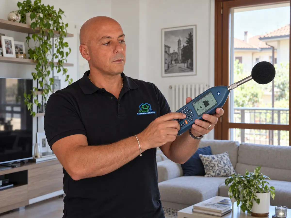 Tecnico Sorgedil durante la valutazione di un problema di isolamento acustico in una casa a Mariano Comense