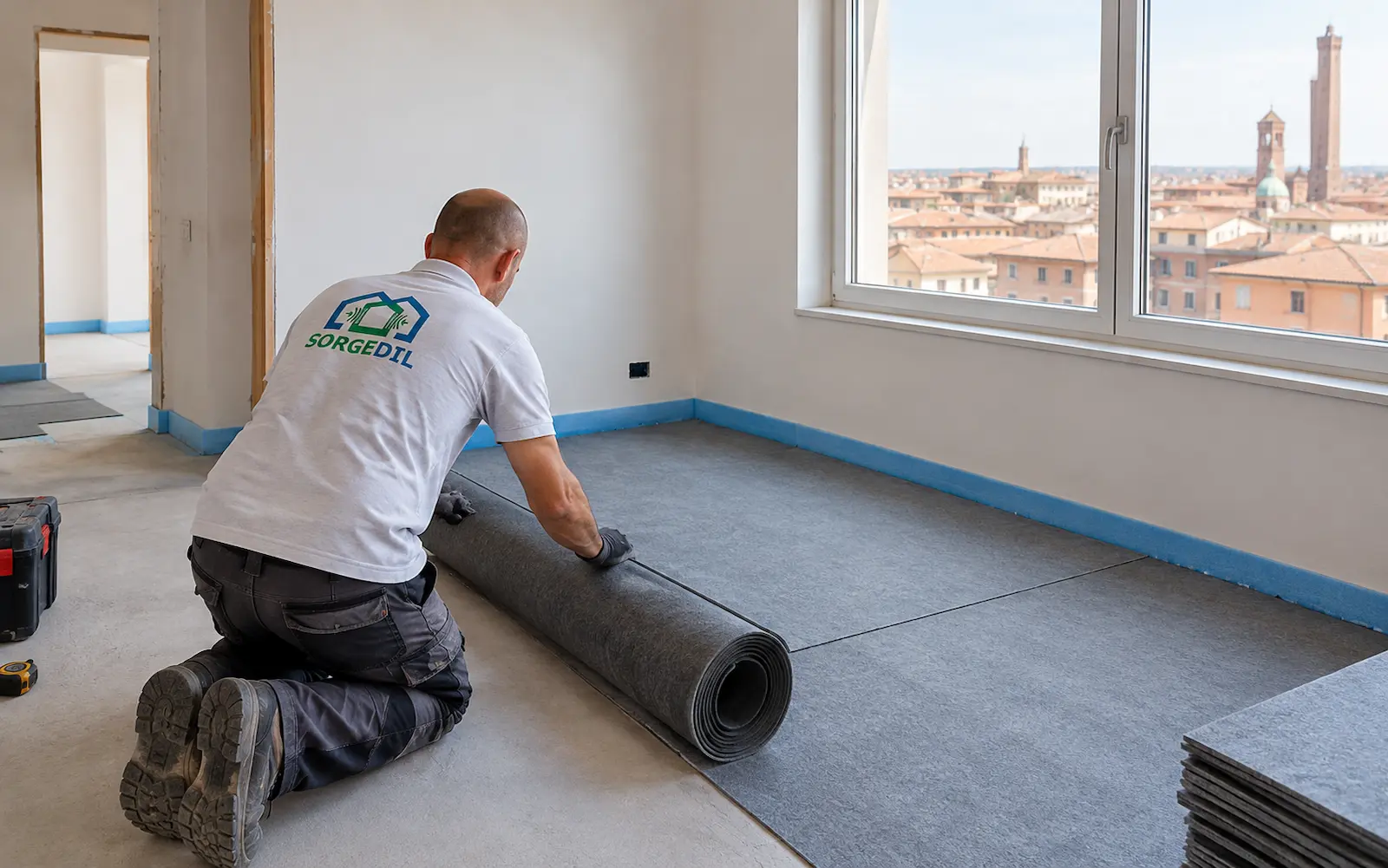 Tecnico durante un intervento di isolamento acustico di pavimento residenziale