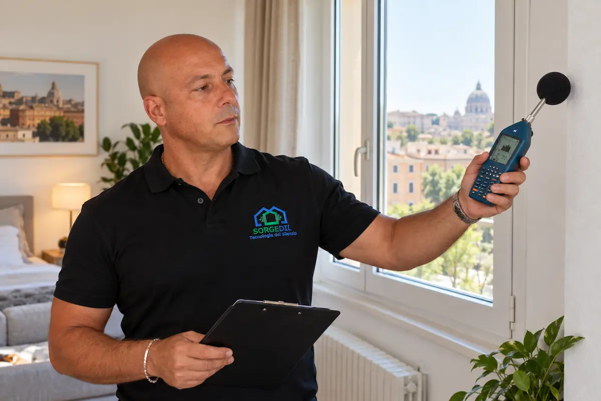 Tecnico Sorgedil durante la valutazione di un problema di isolamento acustico in una casa a Roma