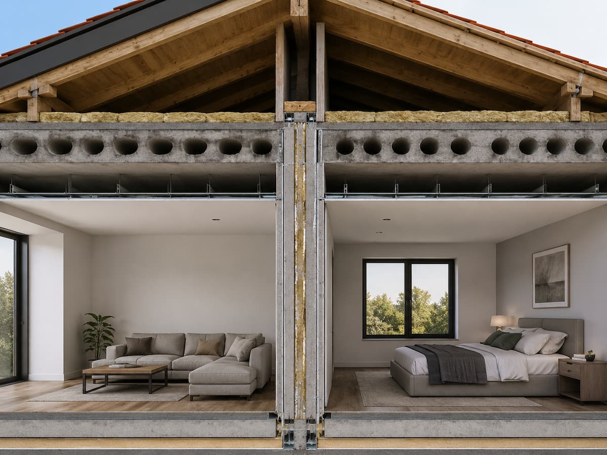 Sezione tecnica del raccordo tra parete confinante e soffitto con possibile percorso laterale del rumore attraverso solaio e copertura
