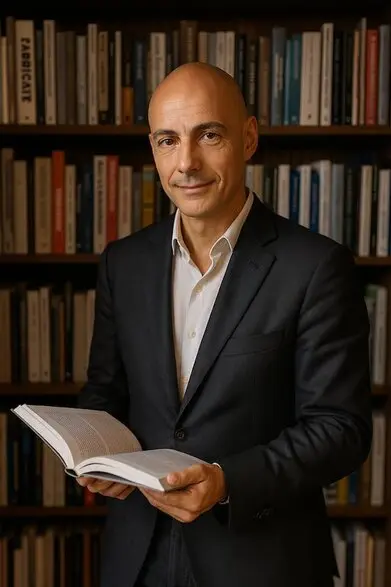Vittorio Sorge davanti a una libreria, autore dei bestseller Isolamento Acustico Casa e Il Benessere Acustico