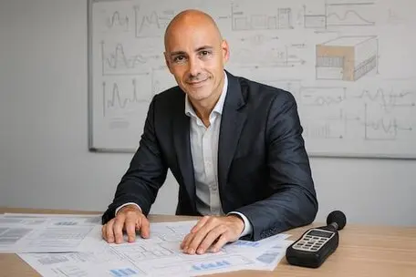 Vittorio Sorge al tavolo di lavoro con report di misure fonometriche e relazione acustica per un intervento di isolamento